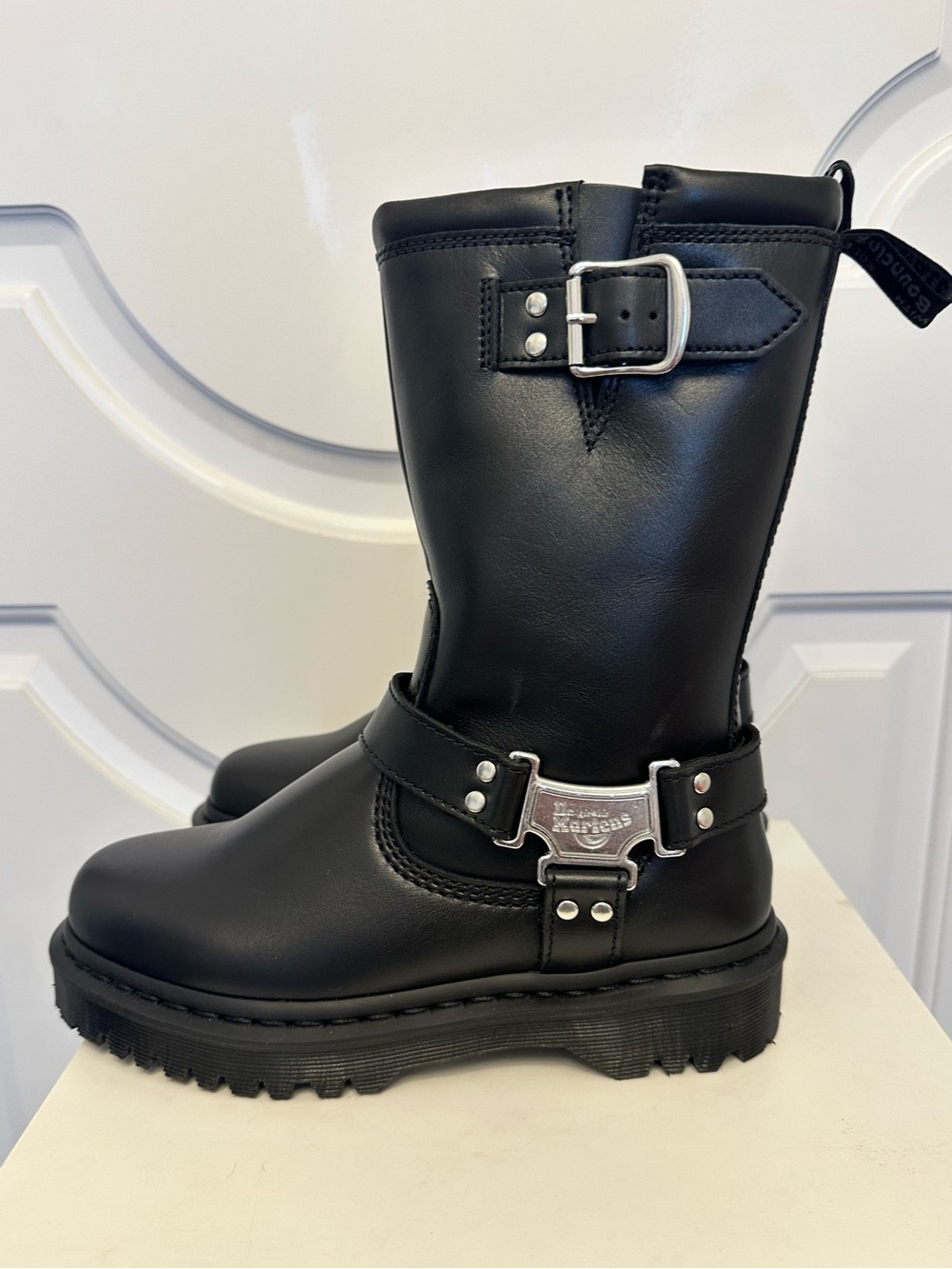 Dr. Martens Anistone Hi Black Leather Moto Biker Boots NEW